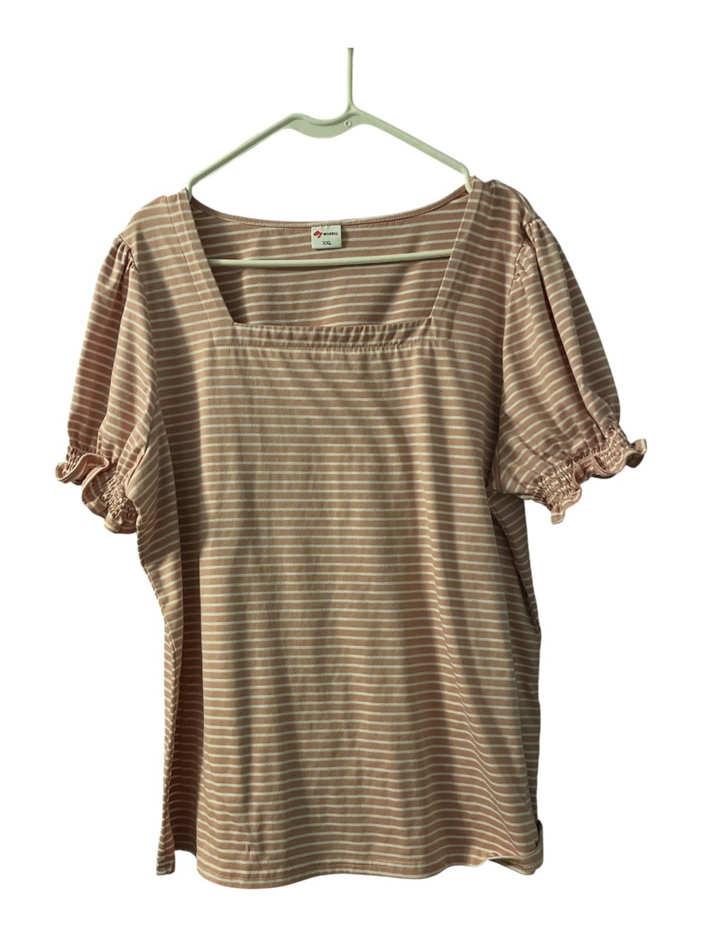 Striped Square-Neck Puff Sleeve Tee in pink and Cream
